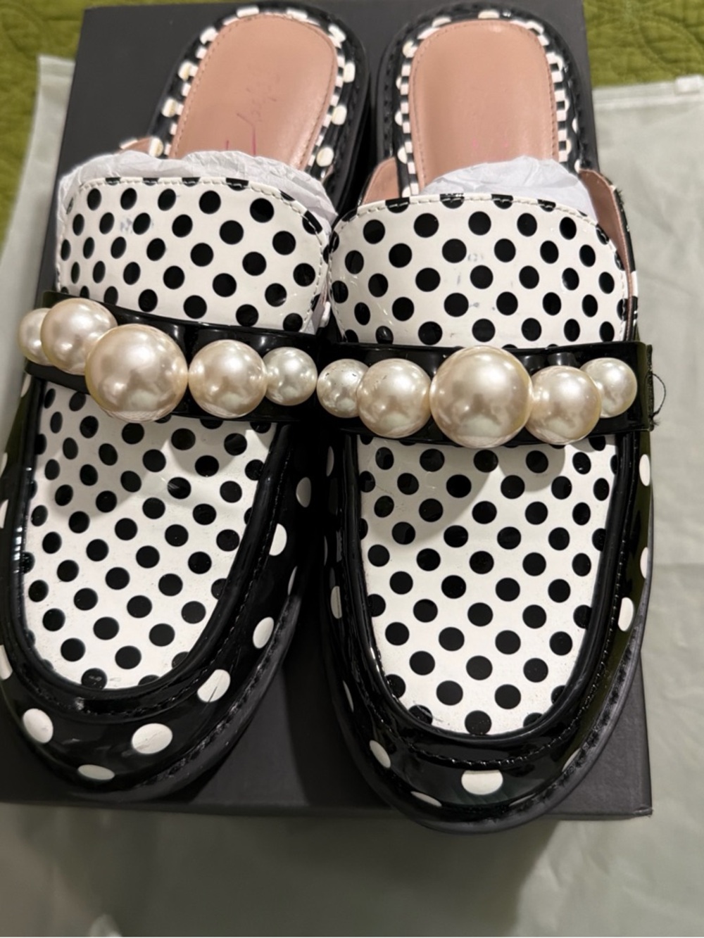 Betsey Johnson Black & White Polka Dot Pearl-Trim Mules